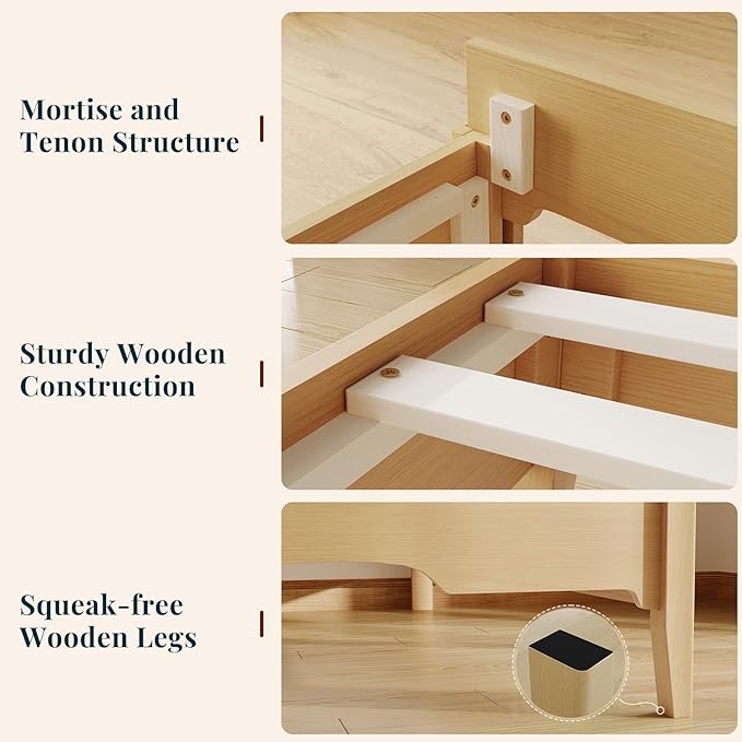 King Bed Frame and Headboard, Wooden Platform Bed with Wood Slats Support, Modern Bed Frame with Storage&Charging Station, No Box Spring Needed, Easy Assembly, Noise Free, Natural