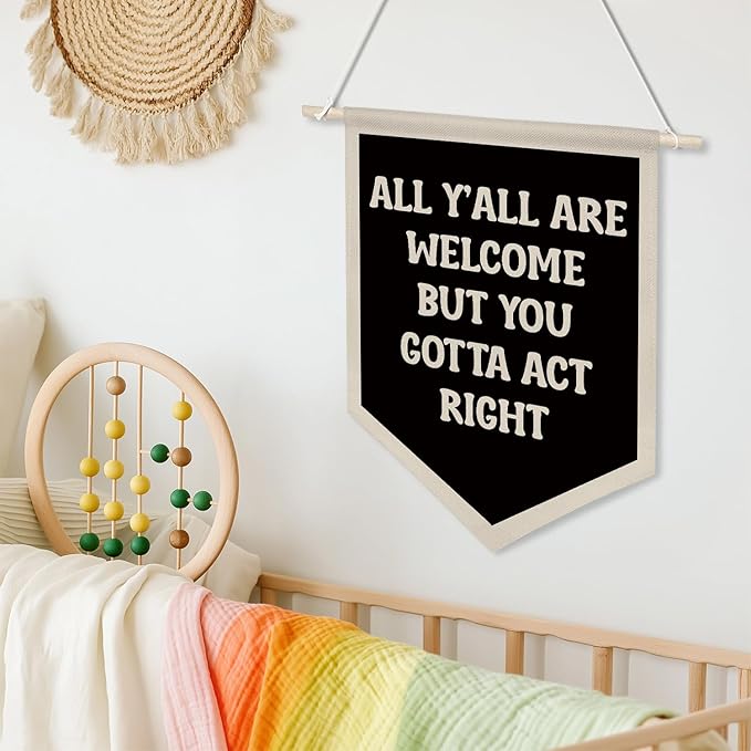 All Y'all Are Welcome Hanging Wall Banner,Kid's Room Welcome Hanging Pennant Flag Prints,Funny Canvas Poster Decor for Classroom Home Living Room Office Wall Art (Black)