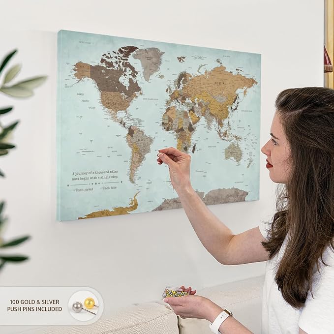 ElephantStock - A Thousand Miles World Push Pin Map Wall Art - Horizontal Canvas Wall Art - Living Room Wall Decor - Printmaking Map Canvas Art - Blue And Brown Decor - 30" x 20"
