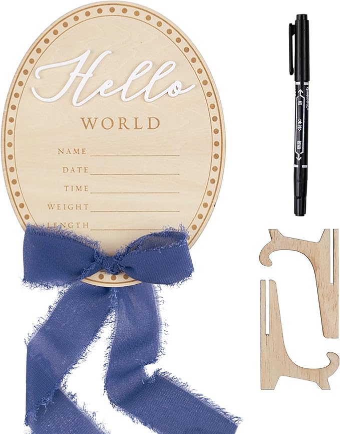 Baby Announcement Sign 6.5 Inch Wooden Hello World Newborn Welcome Sign Birth Name Plaques for Photo Props Shower Hospital Nursery (Blue Bow)