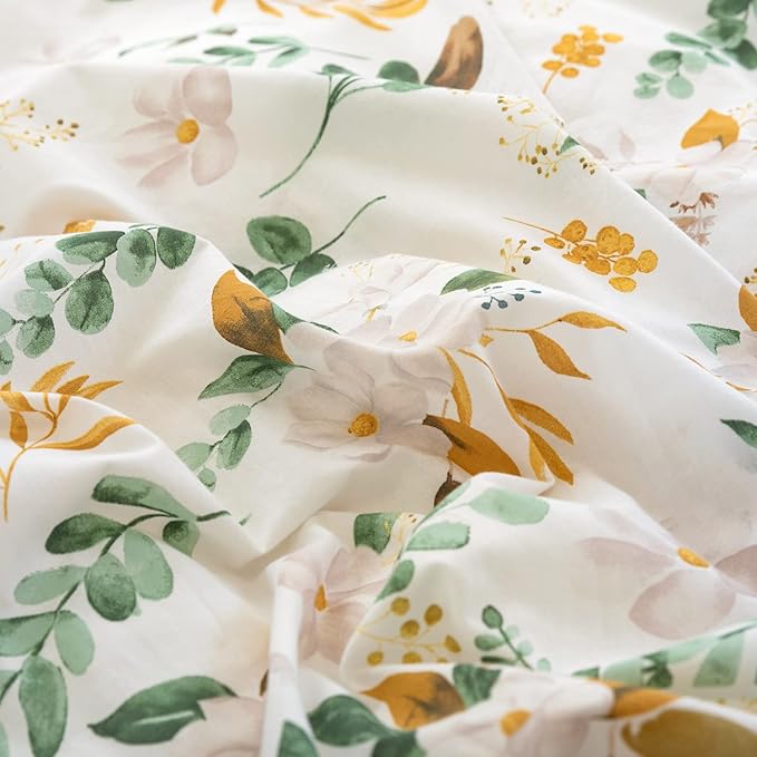 MILDLY 100% Washed Cotton Duvet Cover Set - Garden Flower Printed Autumn Comforter Cover Set Twin Size Soft Breathable Bedding Set with Zipper Ties