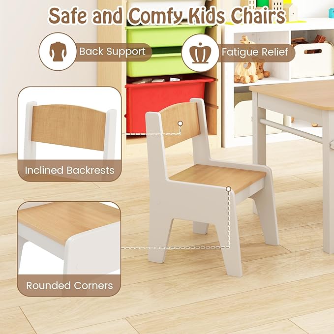 Costzon Kids Table and Chairs, 3 in 1 Wooden Art Drawing Table with 2 Chairs, 4 Fabric Bins, Multiple Open Storage Compartments & a Paper Roll, Toddler Table and Chair Set (Natural)
