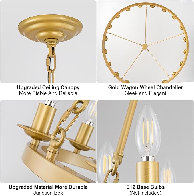 Wagon Wheel Chandelier, 20-Light Gold Round Modern Farmhouse Chandelier with Adjustable Height Hanging Island Light Fixture for High Ceiling Dining Room, Kitchen, Living Room, Entryways, Foyer