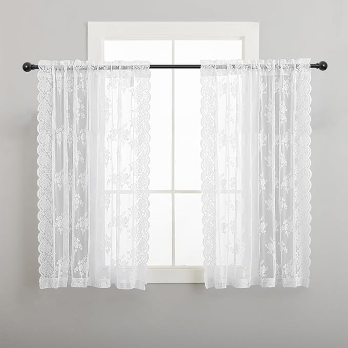 Kotile White Lace Curtains 54 Inch Length 2 Panels Set, Embroidered Rustic Floral Vintage Lace Curtains for Small Windows, Rod Pocket Privacy Sheer Window Curtain, 52 x 54 Inch, 1 Pair, White