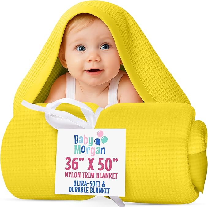 Blankets Thermal Waffle Baby Blanket Crib Bedding - Soft Cozy Warm Infant Thermal Cover for Nursery Stroller or Bassinet, Lightweight Ideal Shower Gift, Nylon Trim Yellow 36" x 50"