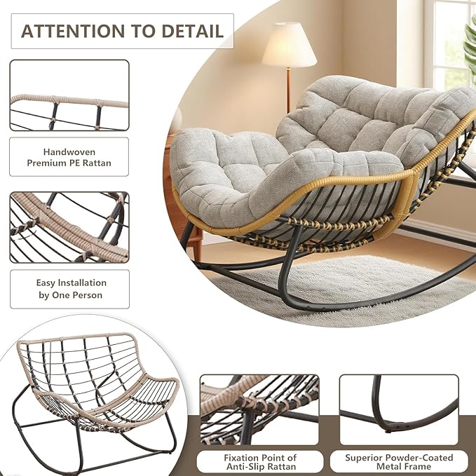Oversized Papasan Rocking Chair with Thick Cushion, Rattan Wicker Egg Chair for Indoor/Outdoor Patio, Bedroom, Living Room, Porch, or Backyard – Grey