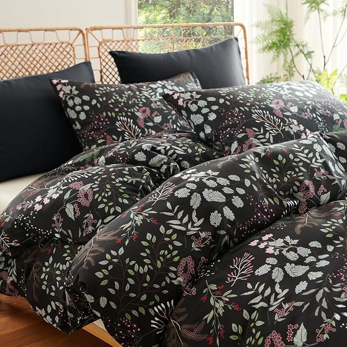 Floral Duvet Cover Full 3 Pieces Elegant Flower Bedding Set Farmhosue Aesthetic Bedding Soft Microfiber Black Duvet Cover Set with 2 Pillowcases