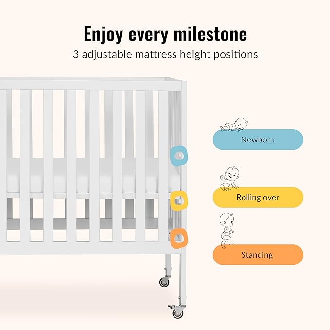 Dream On Me Jett Mini Folding Baby Crib in White, GreenGuard Gold & JPMA, Lightweight & Portable, Patented Flat Folding System for Small Spaces & Travel, 1.5” Mattress Pad, 3 Heights, Safe Wheels
