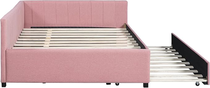 Harper & Bright Designs Full Size Upholstered Daybed with Trundle Sofa Bed Frame for Boys Girls Kids Adults Toddler No Box Spring Needed, Linen Fabric(Pink)