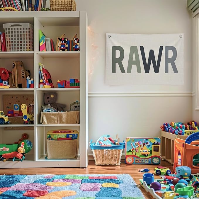 Funny Dinosaur Wall Decor for Boys Toddler, Green Dinosaur Banners Room Decor for Kids Bedroom Classroom Playroom, Rawr Canvas Banner Wall Hanging Banner Wall Flags Decor, 30x20 inchs