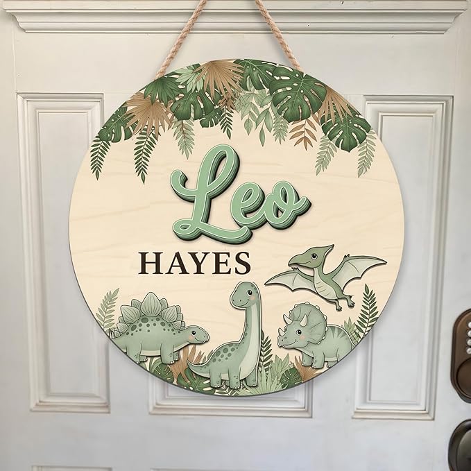 Custom Wooden Baby Name Sign with Cute Dino Design, Personalized Nursery Wall Hanging for Boys Bedroom Unique Newborn Shower Gift for Boys & Girls