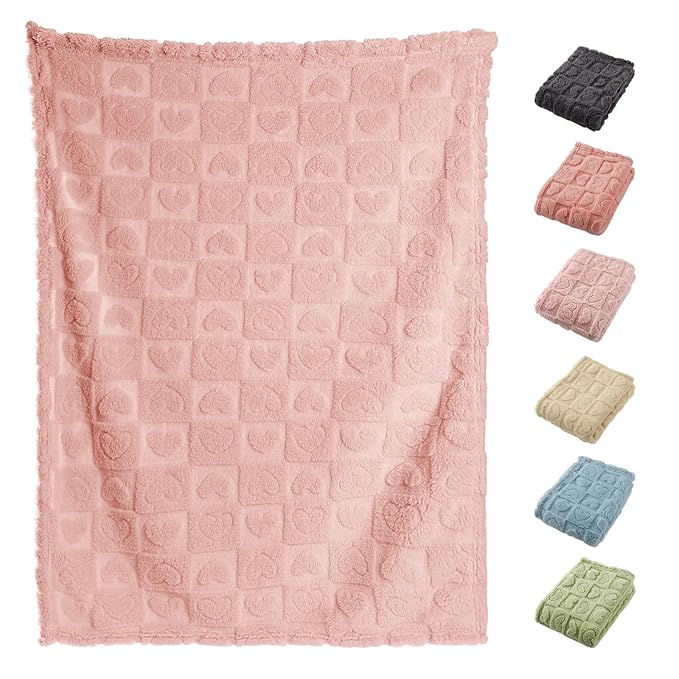 4 Pcs Baby Blankets,Fleece Heart Checkered Blanket, Cozy and Fluffy Crib Blankets for Girls, Toddler Receiving Blankets 30×40 Light Pink Sakura Pink White Grey
