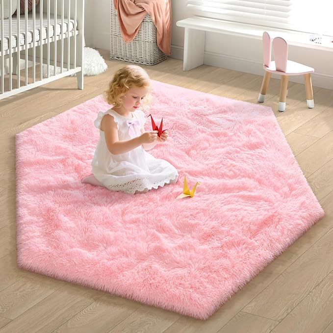 EVOIONOS Pink Hexagon Rug for Princess Tent, Fluffy Area Rug for Kids Room, 4x4.6 Feet for Girls Tent, Furry Soft Nursery Rug, Fuzzy Plush Carpet for Teen Girls Bedroom