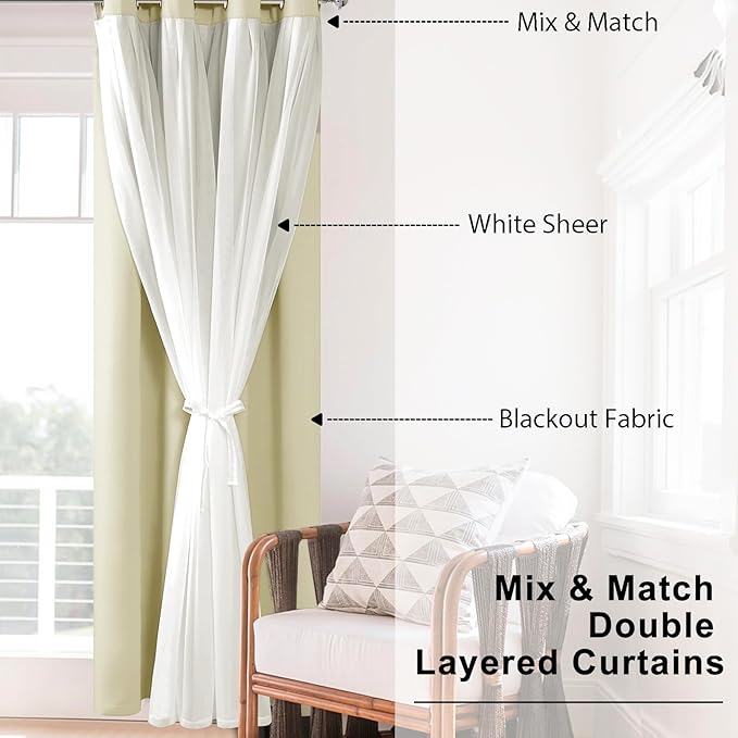 Hiasan Mix & Match Blackout Curtains with Sheer Overlay, Double Layer Extra Long Thermal Insulated Grommet Window Curtains for Bedroom, Living Room, 2 Drape Panels, Light Beige, 52W X 108L