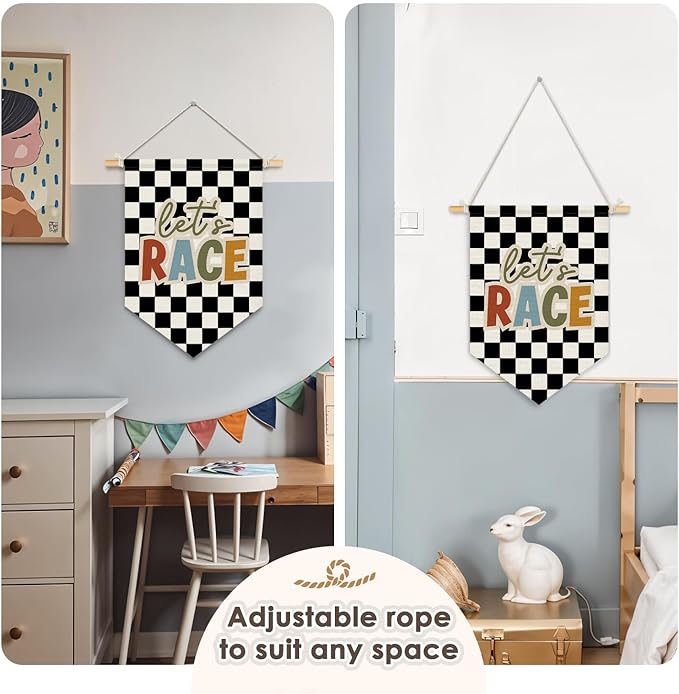 Wheatwin Toddler Boys Room Decor, Race Car Playroom Wall Decor for Kids Nursery Bedroom, Let's Race Black Checkered Wall Hanging Pennant Flag Banner, 15x11 Inch