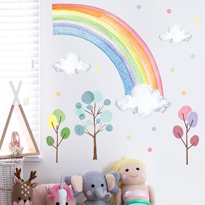 Mfault Watercolor Rainbow Wall Decals Stickers, Pastel Cloud Tree Polka Dots Baby Nursery Decor Bedroom Art, Cute Kids Toddler Room Playroom Home Decorations