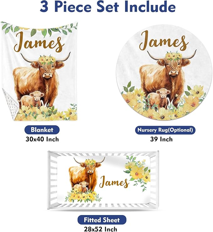 Custom Baby Crib Bedding Set - Highland Cow Design Personalized Name Yellow Flower Baby Nursery Bedding 3 Pcs Set - Chic Soft Blanket, Fitted Sheet, Room Rug for Newborns Boys Girls Gifts