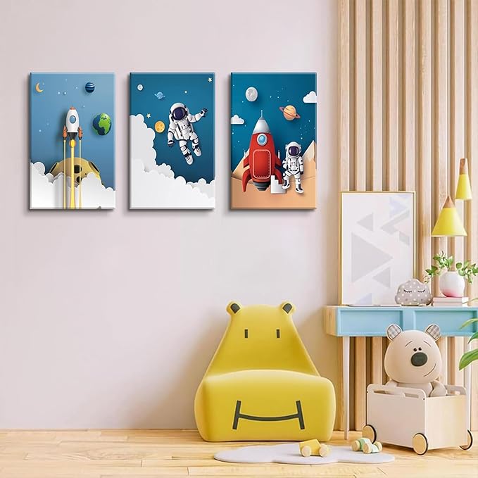 3Pcs Astronaut Canvas Wall Art Nursery Space Adventure Wall Decor Whimsical Space Themed Posters Artwork Rocket Spaceship Prints Pictures for Kids Room Boys and Girls Bedroom (16x24in Canvas)