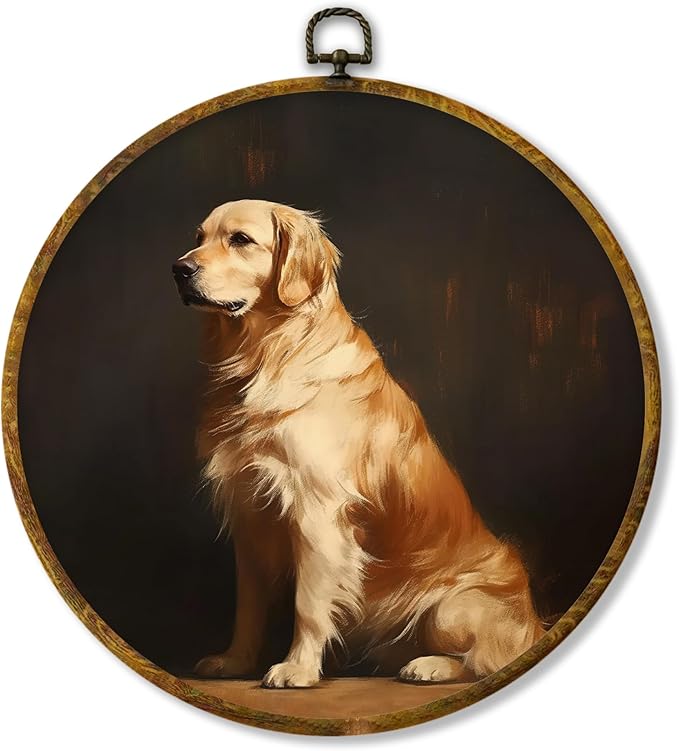 Hiuwevt Vintage Golden Retriever Round Wall Art Decor, Golden Retriever Gifts Framed Canvas Prints, Moody Farmhouse Dog Round Wall Hanging Decor for Bedroom Living Room Decorations, 10x10 Inches