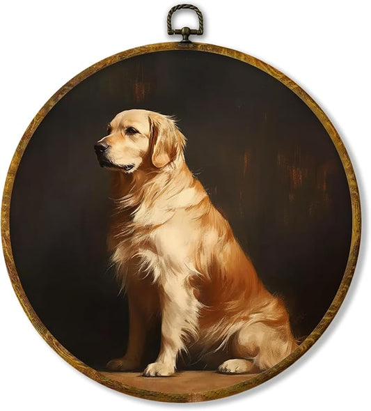 Hiuwevt Vintage Golden Retriever Round Wall Art Decor, Golden Retriever Gifts Framed Canvas Prints, Moody Farmhouse Dog Round Wall Hanging Decor for Bedroom Living Room Decorations, 10x10 Inches