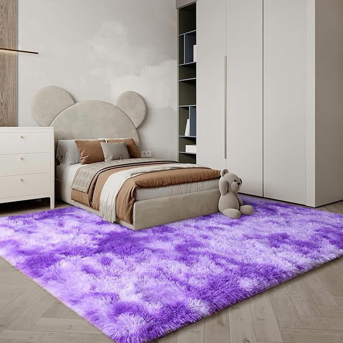 EVOIONOS Area Rug for Bedroom Living Room, Machine Washable 4x6 Fluffy Shag Rug, Soft Plush Non Slip Carpet for Indoor Floor Bedside Nursery Girls Kids Room Dorm, Home Decor Aesthetic, Tie-Dyed Purple