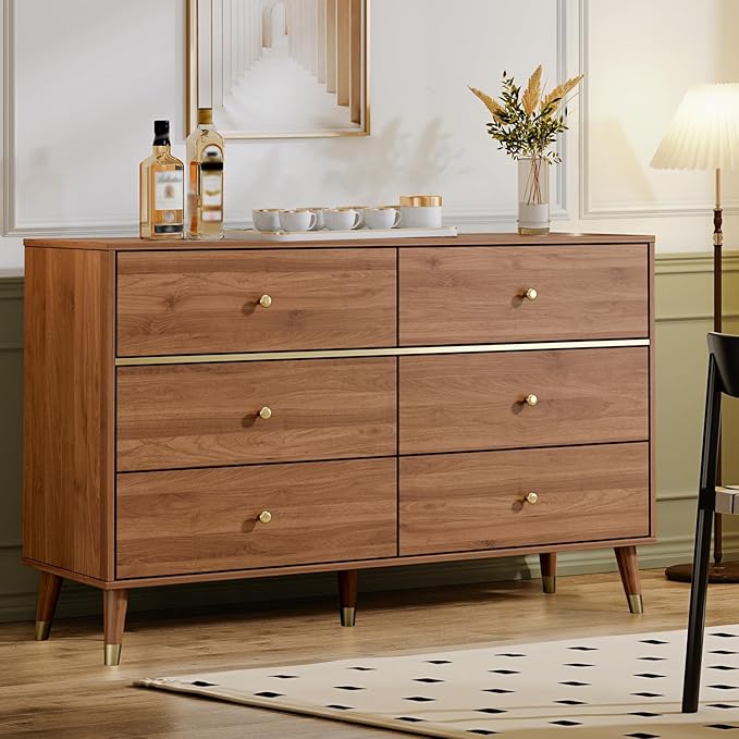 6 Drawer Dresser,47" Wide Mid Century Chest of Drawers,Wooden Bedroom Drawer Dresser with 6 Storage Drawers for Bedroom,Living Room,with Anti-Tipping Device,Dark Walnut
