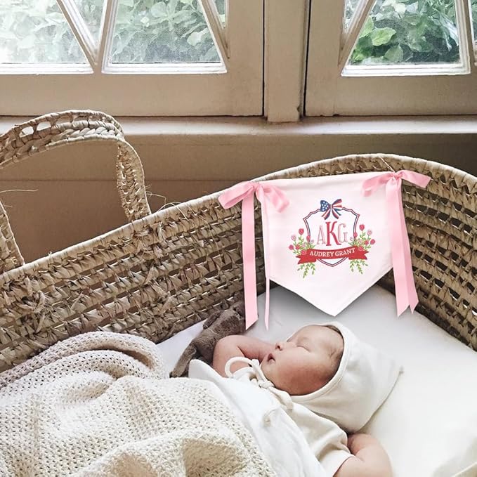 Embroidered Baby Name Sign with Bows Personalized Baby Announcement Sign Newborn Baby Banner Baby Hospital Name Sign Canvas Hanging Pennant Flag Custom Infant Baby Name Baby Shower Banner (15)
