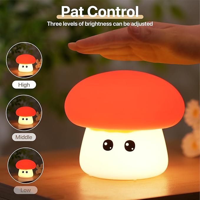 Cute Mushroom Night Light for Kids Rechargeable, Battery Operated Nightlight 3 Level Dimmable with RGB&Timer, Silicone Touch Nursery Lamp for Baby Girls Boys Bedroom Gifts