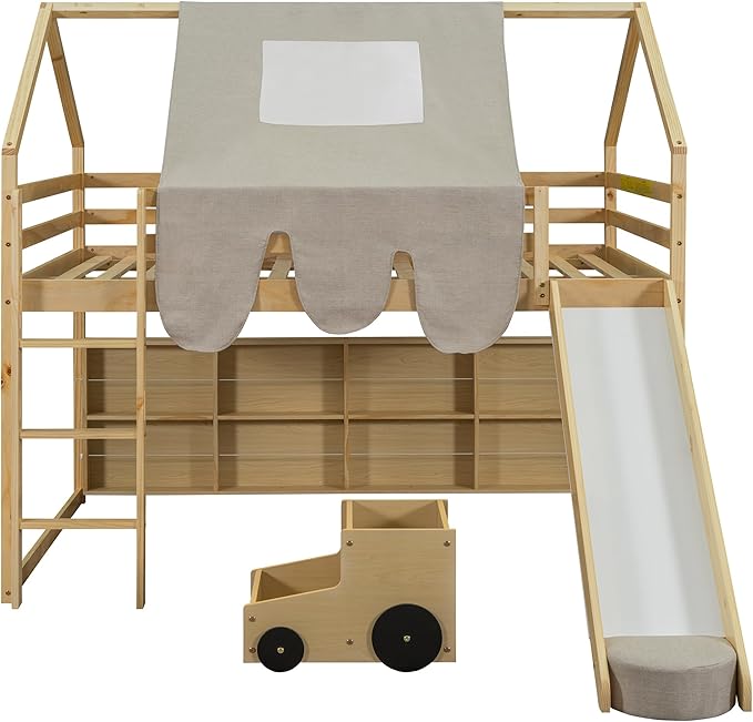 Playhouse Design Full Size Wood Loft Bed with Slide and Tent, Low Loft House Bed Frame with Storage Shelves and Removable Car-Shaped Staircase for Kids Teens Boys Girls Bedroom (Natural-PT)