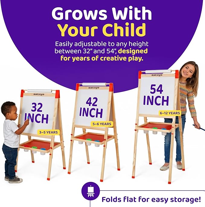 Blue Squid Art Easel for Kids with Paper Roll x 3, Includes 100+ Accessories, Double Sided Adjustable Wooden Painting Easel with Magnetic Chalk Board, White Board for Toddlers Ages 3,4,5,6,7,8,9,10,12