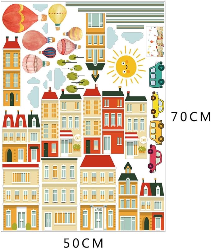 Cartoon City Wall Decals, Whimsical Hot Air Balloons, Houses, Animals, Rainbow, Sun, Clouds Design, Removable Vinyl Stickers for Kids Room, Nursery, Bedroom, Playroom Decor (Colorful-02)