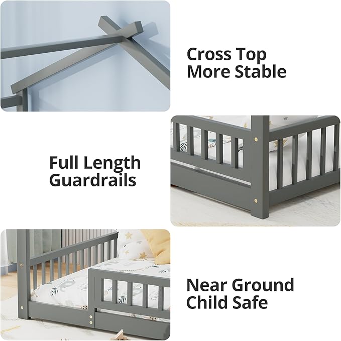 LLS Twin House Bed with Fence, Wooden Montessori Bed with Slats Support, Floor Bed Frame for Boys Girls Bedroom, Gray