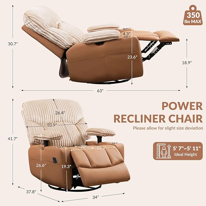 SUNWAVE Power Nursery Rocking Chair with Adjustable Armrests, Nursing Chair with USB, Cup Holders & Blanket, Swivel Rocker Recliner with Corduroy and PU Leather Mixed Fabric (Brown)