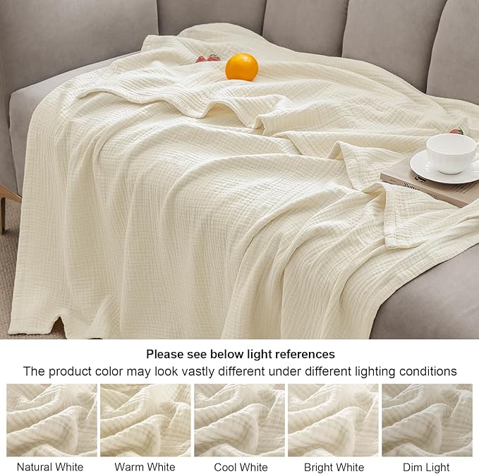 PHF 100% Cotton Muslin Blanket King Size 108"x90", 4-Layer Lightweight Gauze Throw, Breathable Cloud-Soft Minimalist Blanket for Bed, Couch, Camping & Baby, Birch, Ideal Gift