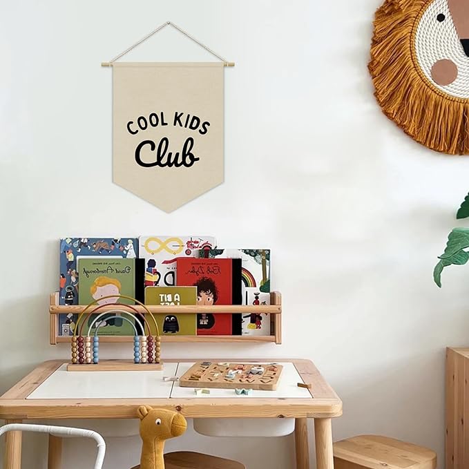 Kids Room Decor, Cool Kids Club Linen Canvas Banner, Neutral Minimalist PlayRoom Wall Hanging Pennant Flag Banner for Nursery Toddler Room Bedroom Decor, 15x11in