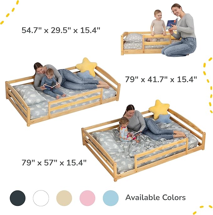 Ocodile Toddler Bed with Rails | Low Montessori Floor Bed Frame for Kids | Standard Crib Size Wooden Frame for Independent Toddlers 1-3 - Varnished