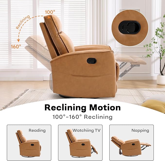 Swivel Rocker Recliner Chair, Manual Faux Leather Glider Rocking Recliners for Adults, 360° Swivel Nursery Reclining Sofa with Storage Pocket