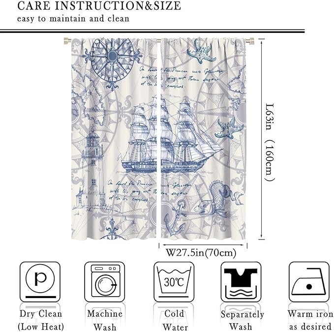 Nautical Sailboat Map Curtain,Ship Compass Lighthouse Anchor Decorative Curtain Polyester Fabric Waterproof Bedroom Curtain Set 2 Panels,55x63 Inches