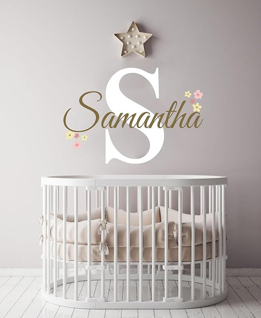 Custom Name and Initial Flower Wall Decals - Personalized Nursery Name Sticker for Girls - Vinyl Wall Art for Baby Room - Flowers Name Stickers Decor - Flower Mural Sticker for Girls Bedroom