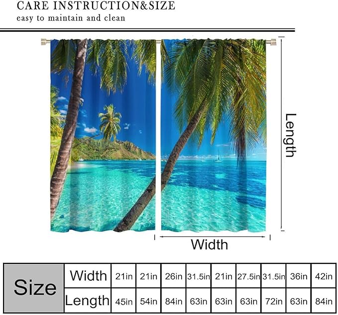 Ocean Beach Curtains,Sunshine and Beach Hawaiian Seaside Scene Pattern Blackout Print Home Bedroom Living Room Window Treatments 2 Panel Set 42x54 Inch