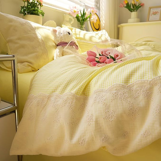LifeTB Yellow Gingham Duvet Cover Twin XL 3 Pieces Romantic Lace Comforter Cover Super Soft Cream Yellow Grid Duvet Cover Farmhouse Plaid Checkered Comforter Cover Grid Gingham Bedding Set