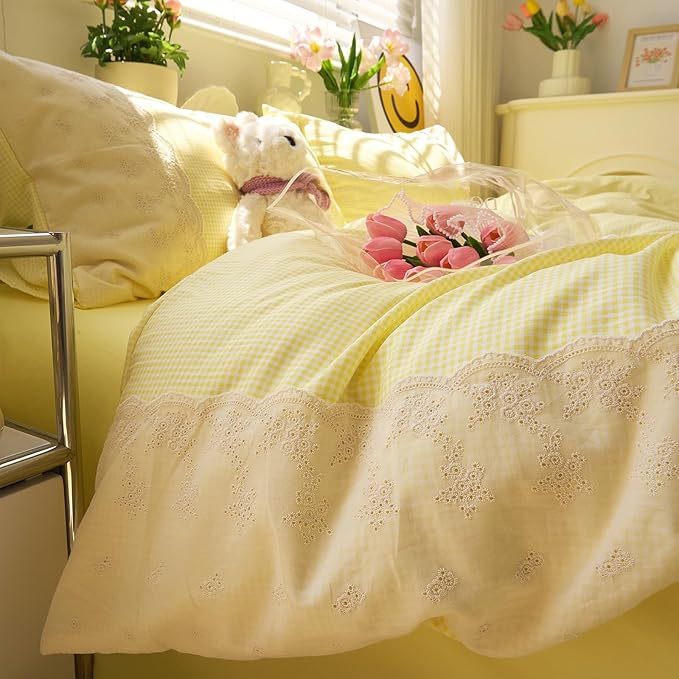 LifeTB Yellow Gingham Duvet Cover Twin 3 Pieces Romantic Lace Comforter Cover Soft Microfiber Cream Yellow Grid Duvet Cover Farmhouse Plaid Checkered Comforter Cover Grid Gingham Bedding Set