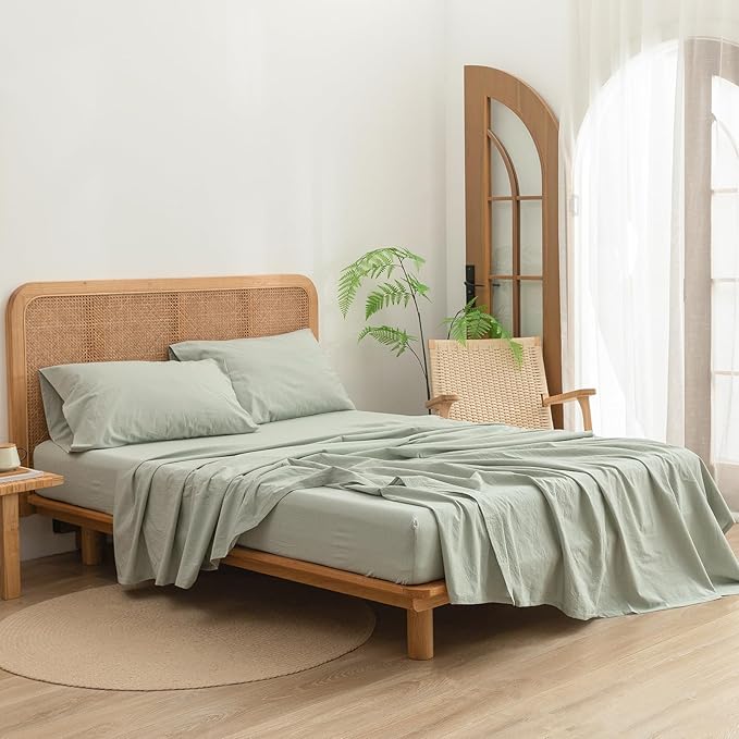 BESTOUCH Sheet Set 100% Washed Cotton Linen Feel Super Soft Comfortable Chic Lightweight 4 Pcs Home Bedding Set Solid Sage Green Full