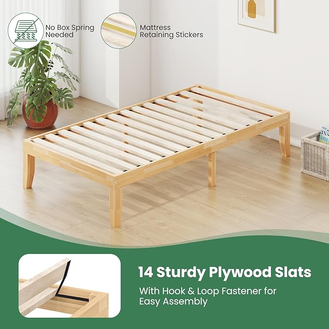 KOMFOTT 14 Inches Wood Platform Bed Frame Twin Size, Wooden Mattress Foundation with Rubber Wood Frame, Strong Slat Support, No Box Spring Needed, Bed Frame (Natural)