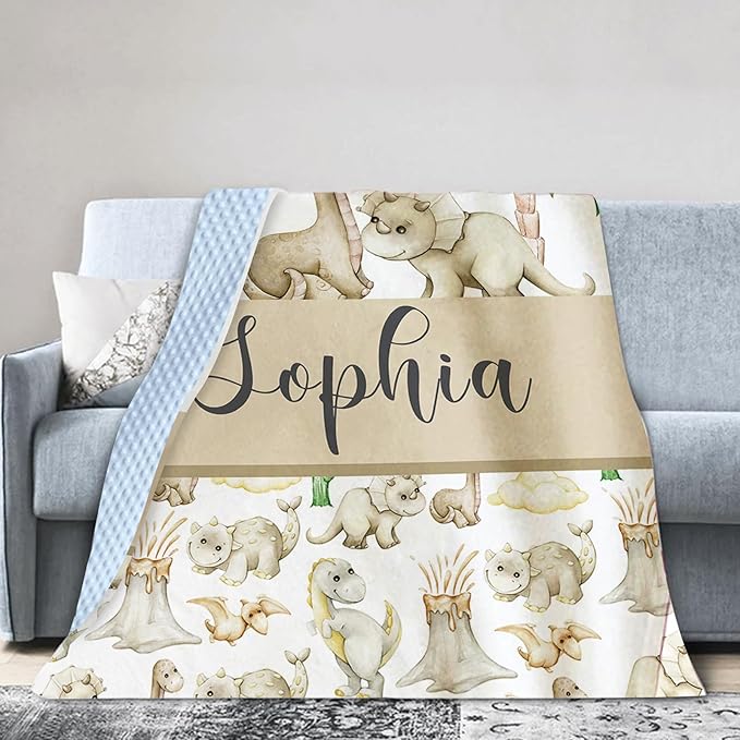 Personalized Baby Blankets for Boys Girls, Custom Name Cute Dinosaur Baby Blanket, Soft Receiving Blanket for Newborns and Toddlers, Ideal for Baby Showers and Nursery Decor