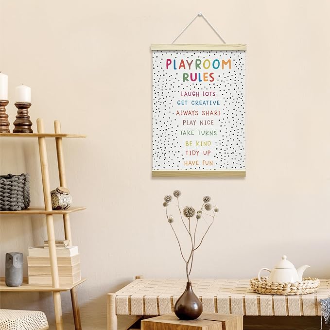 Nopoben Playroom Rules Poster Hanger Frame, Play Room Wall Decor, Playroom Wall Art With Wooden Poster Hanger, Kids Room Nursery Bedroom Classroom Decor(12x16 Inches)-23