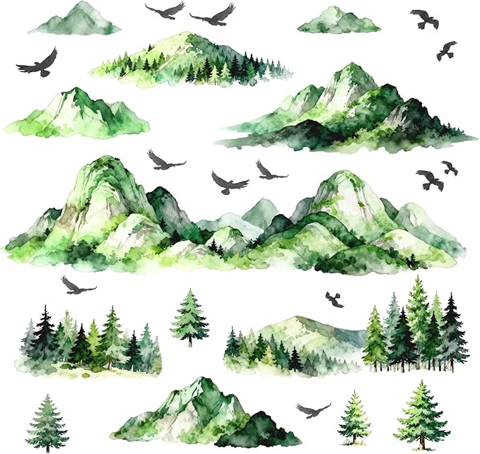 Mountain Tree Wall Stickers Watercolor Mountain Wall Decals Peel and Stick Flying Birds Woodland Green Pine Trees Wall Stickers Forest Mountains Decals for Bedroom Living Room Nursery Decor