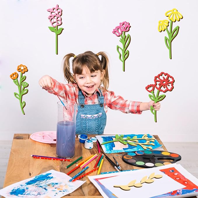 7 PCS Large Wooden Wildflowers Signs Decals DIY Colorable Wood Flowers Sign for Crafts Baby Nursery Stick Peel and Stick Boho Flower Art Cutout for Girls Bedroom Floral Sticker Gift for Kids Playroom