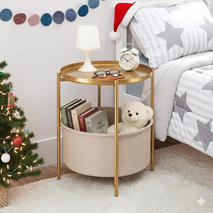 danpinera Round Side Table with Fabric Storage Basket, Metal Side Small Bedside Table Nightstand with Removable Tray Top for Living Room, Bedroom, Nursery, Bathroom, Gold