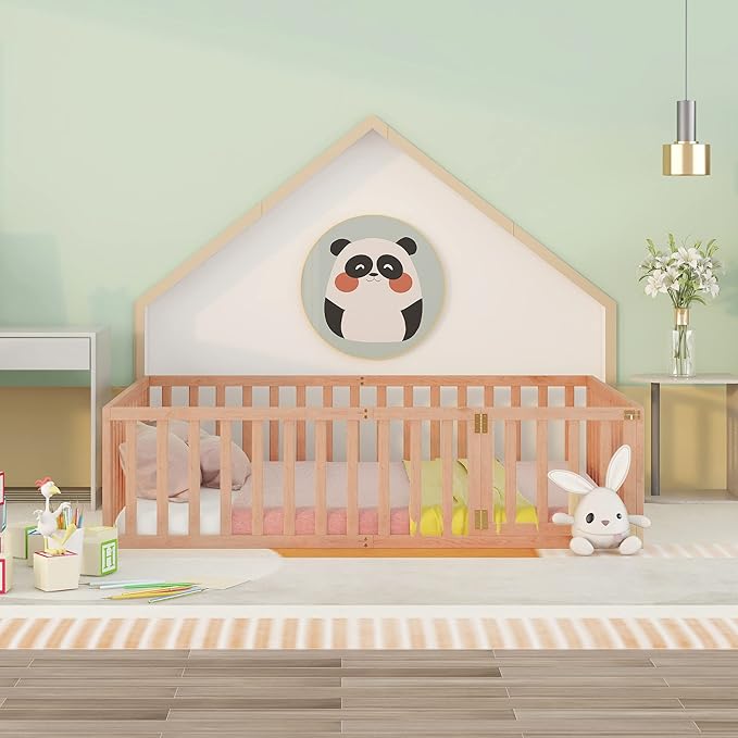 Merax Queen Floor Bed with Safety Guardrails and Door, Wood Montessori Floor Bed Frame for Kids, Queen Playhouse Bed Frame for Baby Girls and Boys, Natural
